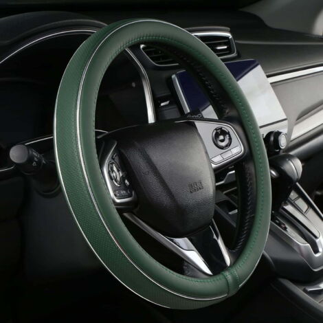 Housse de volant en cuir vert avec bande de fibre, housse de volant universelle de 15 pouces pour voiture.