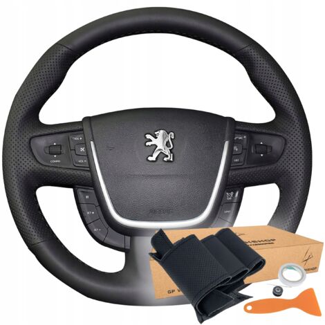 Housse de volant sur mesure pour Peugeot 508 2011-2018 – Cuir écologique avec coutures noires – Améliore l'adhérence et le confort de conduite
