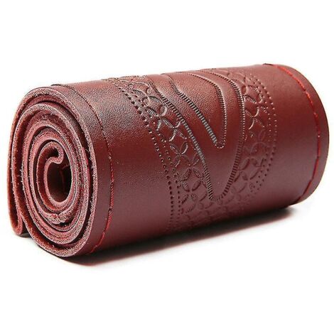 Housse de volant universelle en cuir véritable gaufré, style tendance, 37-38 cm, en cuir de vachette tressé avec fil à aiguille - Rouge vin