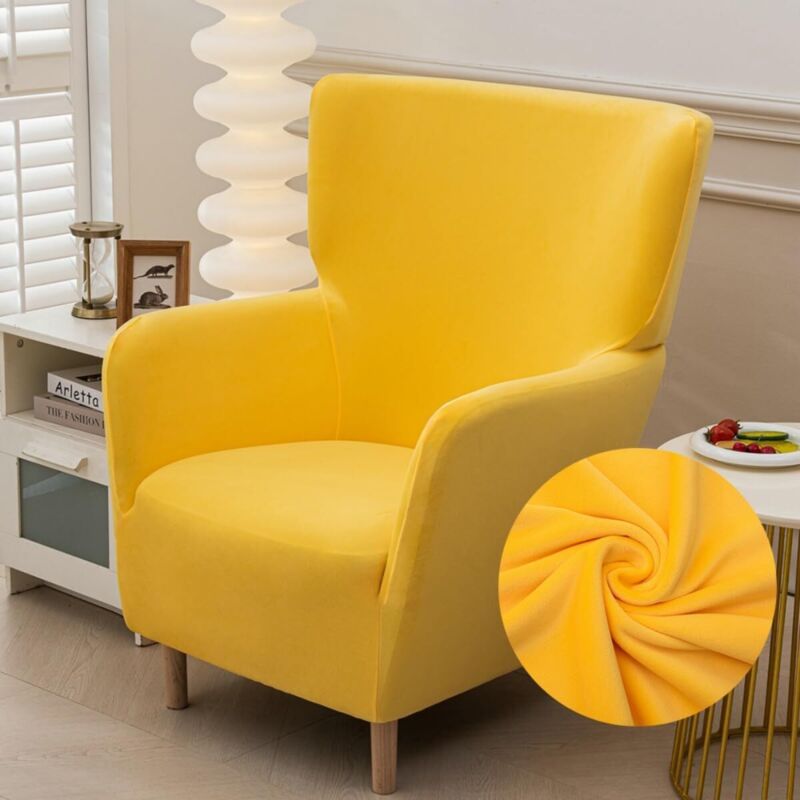 Housse fauteuil à oreilles 1 pièce, jaune, velours doux, amovible, lavable