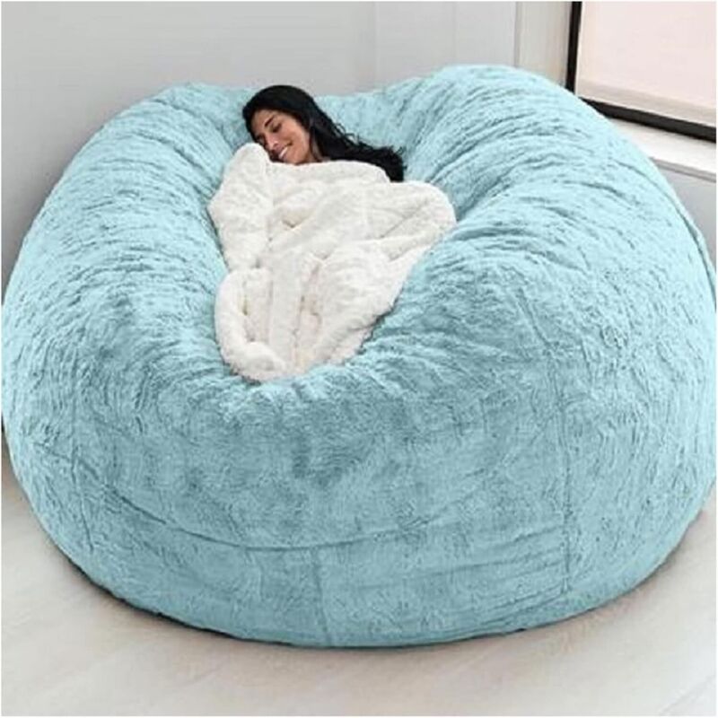 Housse fauteuil pouf géant fourrure moelleuse, coussin inclinable canapé paresseux bleu ciel king size