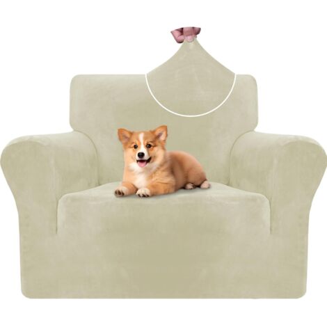 Housse Fauteuil Velour 1 Place, Housse Canape Extensible avec Accoudoirs, Universelle Sofa Cover Antidérapante, Protection Couvre Canapé Anti Poils Animaux, Lavable, Beige
