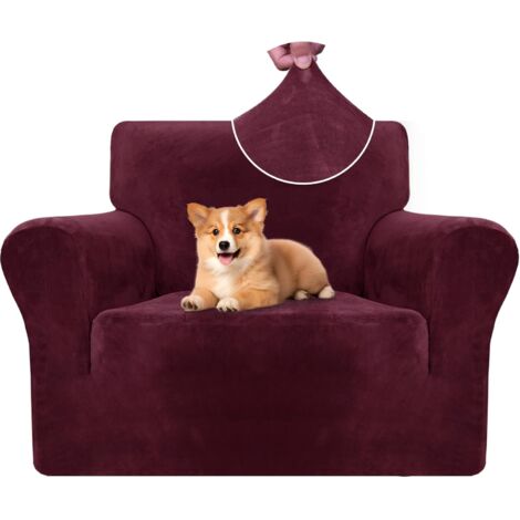 Housse Fauteuil Velour 1 Place, Housse Canape Extensible avec Accoudoirs, Universelle Sofa Cover Antidérapante, Protection Couvre Canapé Anti Poils Animaux, Lavable, Bordeaux