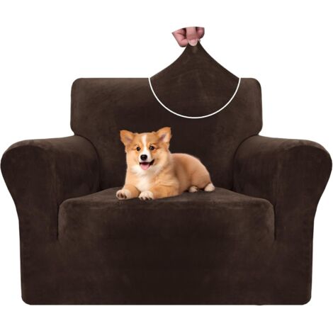 Housse Fauteuil Velour 1 Place, Housse Canape Extensible avec Accoudoirs, Universelle Sofa Cover Antidérapante, Protection Couvre Canapé Anti Poils Animaux, Lavable, Café