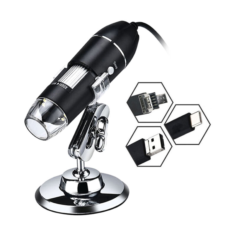 Benobby Kids - lifcausal Microscope Numérique 3en1 USB/MicroUSB/TypeC Caméra x1000 avec 8 led et Support Compatible Android/Windows