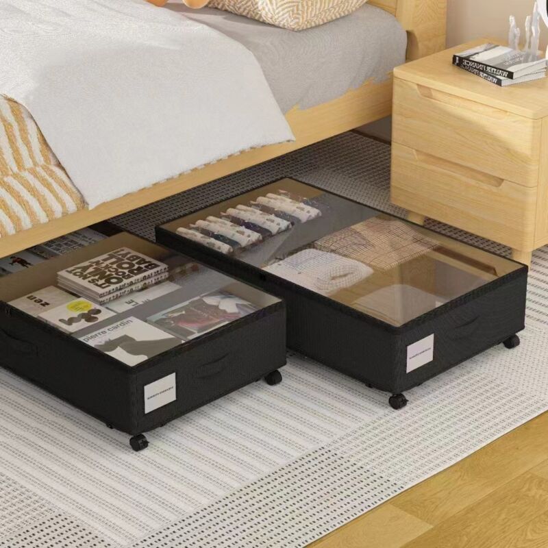 Housse Rangement sous Lit 2 Pcs Boite Sac Rangement Vetement avec Roulette et Couvercle Cadre métallique Placard Tiroir Organisateur Bac Pliable Drap