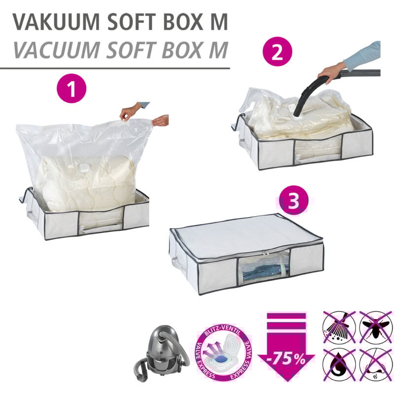 Wenko - Housse de protection sous vide avec boîte de rangement Soft Box m 75% gain de place, protège contre l'humidité et mites, 65x50x15 cm, Blanc