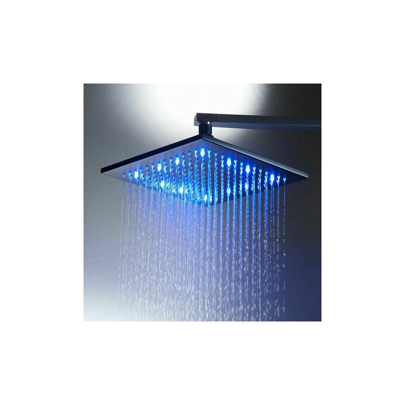 Pommeau de douche à led de 16 pouces Pommeau de douche à pluie carré Noir Mat Buse en Silicone Facile à nettoyer Robinet fixe pour douche
