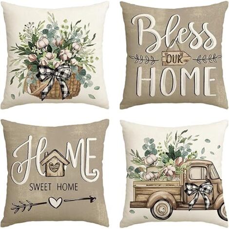 Housses coussin décoratives Farmhouse eucalyptus 45x45 lot 4, motifs Home Sweet Home décoration salon