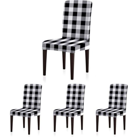 Housses de chaise en élasthanne à carreaux Buffalo amovibles et élastiques pour salle à manger, restaurant, hôtel, banquet, cérémonie, lot de 4, carreaux noir/blanc