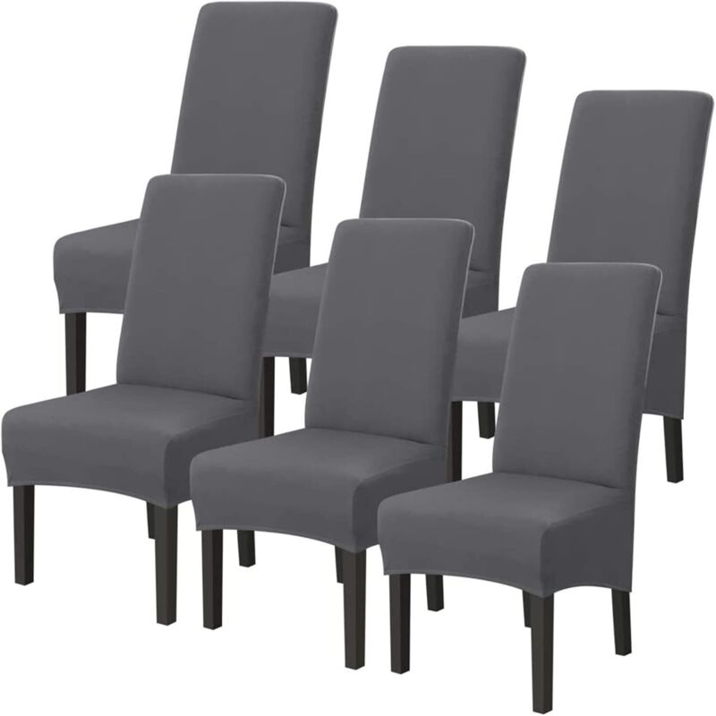 Housses de Chaise XL Extensibles Lot de 6, Gris, Élastiques et Lavables pour Salle à Manger, Dossier Haut