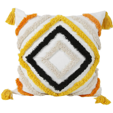 Housses de coussin 18 x 18, housses de coussin décoratives touffetées tissées avec motif de losanges à pampilles pour canapé, chambre à coucher, salon (sans oreiller, jaune)