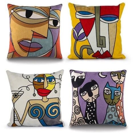 Housses de Coussin 45 x 45 cm Broderie Picasso Art Carré 4pcs（18 X18 Inch）Décoration de meubles de canapé Abstract Style