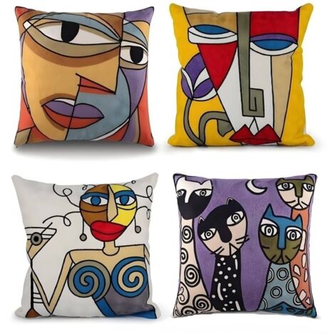 Housses de Coussin 45 x 45 cm Broderie Picasso Art Carré 4pcs（18 X18 Inch）Décoration de meubles de canapé Abstract Style