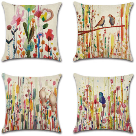 Housses de coussin 45 x 45 cm, lot de 4 housses de coussin en lin, décorations fleur oiseau de vie pour canapé, jardin extérieur, lit, canapé, voiture (45 x 45 cm)
