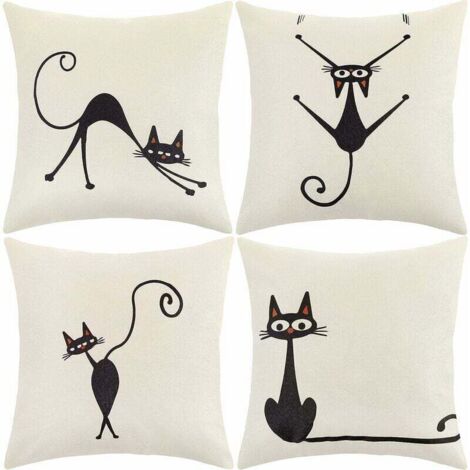 Housses de coussin 45x45cm, un ensemble de 4 housses de coussin décoratives, adaptées aux canapés et fauteuils (motif chat, matière coton et lin).