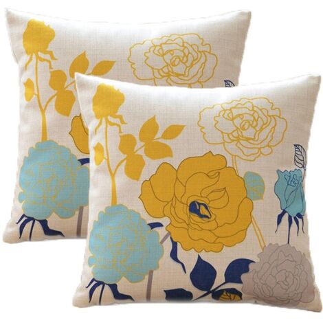 Housses de coussin bleues et jaunes 2024, style ferme, en coton et lin, pour coussins d'extérieur, 45 x 45 cm