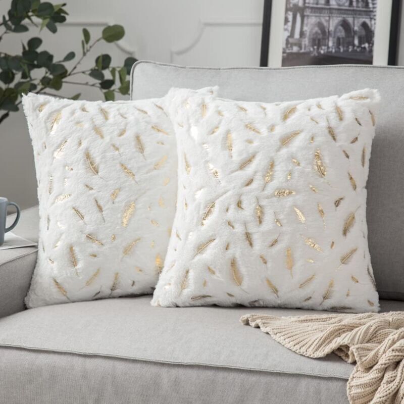 Housses de Coussin Canapé 50x50 Doré carré Taie d'oreiller Poil Fourrure Automne Blanc Decoration Home Plume Bronzante Chambre Salon Coussin
