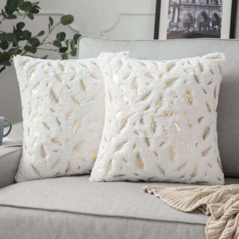 Housses de Coussin Canapé 50x50 Doré carré Taie d'oreiller Poil Fourrure Automne Blanc Decoration Home Plume Bronzante Chambre Salon Coussin Décoratif, 2 pièces