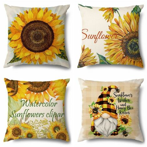 Housses de coussin d'automne 45,7 x 45,7 cm, lot de 4 décorations d'extérieur, taie d'oreiller nain de tournesol d'automne, housse de coussin en lin pour le jour de Thanksgiving, canapé et