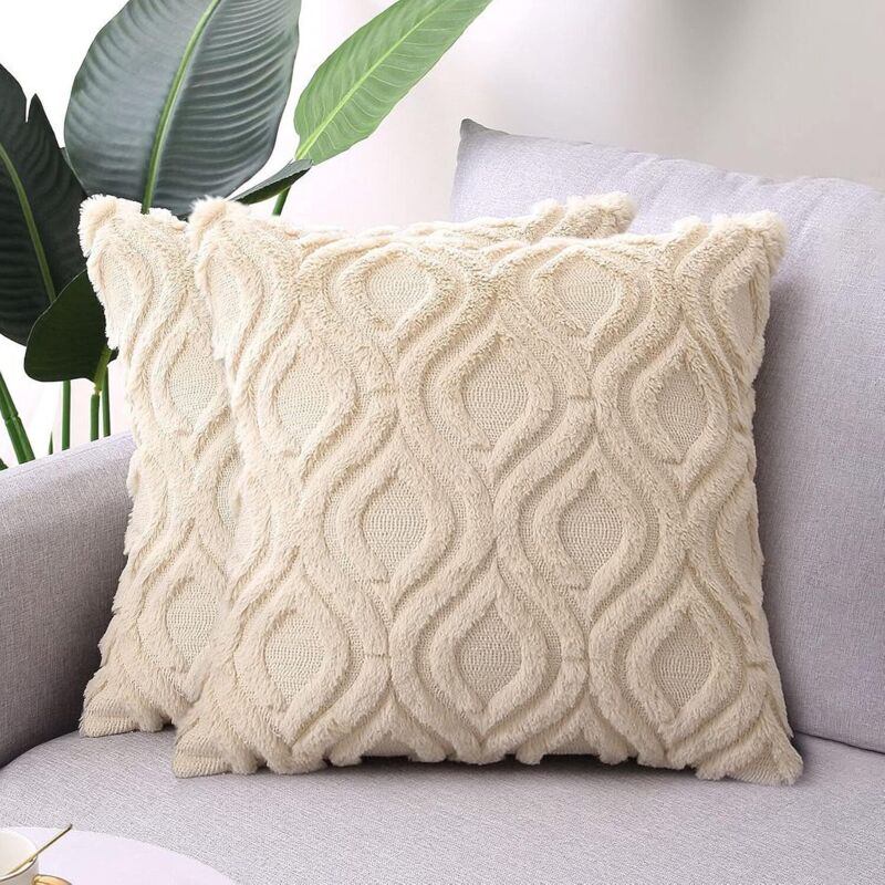 Housses De Coussin Décoratives 18 x 18, Taies D'Oreiller Boho De Ferme En Fausse Fourrure, Housses De Coussin Beige Flou En Peluche Douce Pour