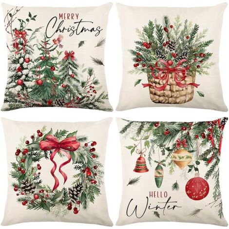 Housses de coussin de Noël 45 x 45 cm, housses de coussin de canapé imprimées numériquement, lot de 4 taies d'oreiller en peluche en lin.