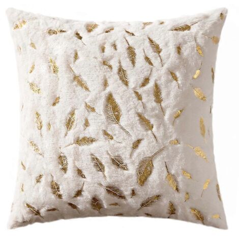 Housses de coussin décoratives en fausse fourrure pelucheuse avec plumes dorées et feuilles dorées