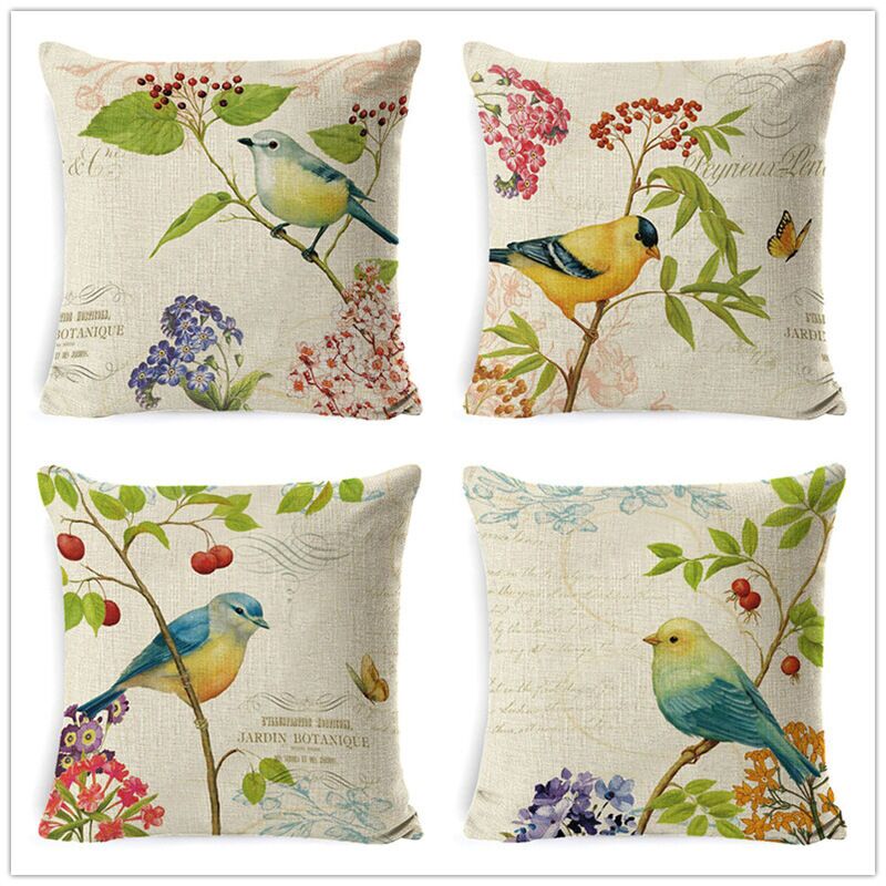 Housses de coussin d'extérieur 45x45cm, lot de 4, motif floral et oiseaux verts, housses de coussin imperméables pour canapé