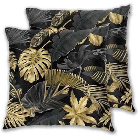 Housses de Coussin, Feuilles Tropicales Or et Noir sur Fond Sombre Housse Coussin 45x45 cm Lot de 2 Décoratives Taies d'oreiller avec Fermeture éclair Invisible