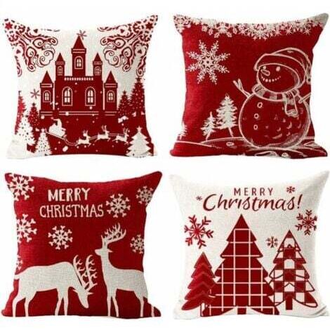 Housses de Coussin Joyeux Noël Lot de 4 en Coton et Lin Taie d'oreiller l'hiver Noël Wapiti Chateau Bonhomme de Neige Modèle Décoration pour Canapé Chambre Maison 45 x 45 cm