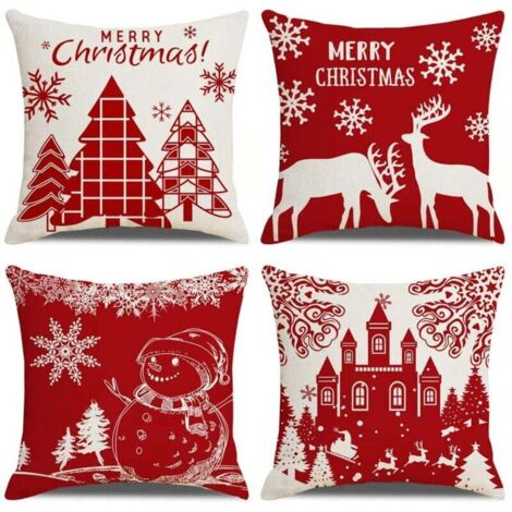 Housses de Coussin Joyeux Noël Lot de 4 Taie d'oreiller l'hiver Noël Wapiti Château Bonhomme de Neige Modèle Décoration pour Canapé Chambre Maison 45 x 45 cm