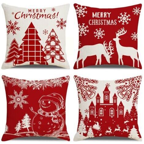Housses de Coussin Joyeux Noël Lot de 4 Taie d'oreiller l'hiver Noël Wapiti Château Bonhomme de Neige Modèle Décoration pour Canapé Chambre Maison 45 x 45 cm