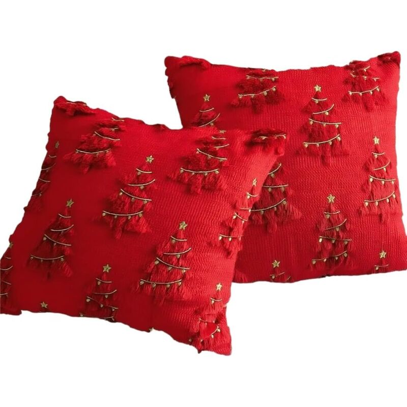 Housses de coussin motif sapin de Noël, lot de 2, 45 × 45 cm, design 3D sapin de Noël en fausse fourrure, adaptées pour canapé et salon (rouge, 2