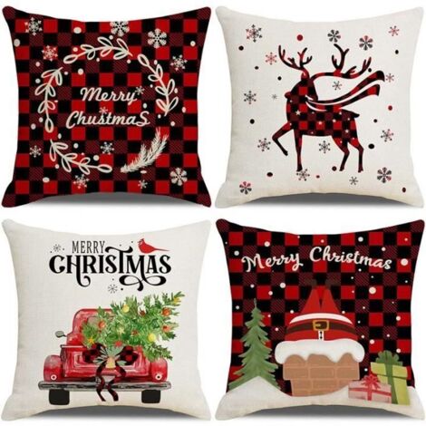 Housses de Coussin Noël en Lin - Lot de 4 - Motifs Père Noël, Sapin, Rouge, Noir et Plaid - 45 x 45 cm