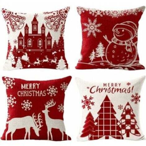 Housses de coussin Noël – Lot de 4 en coton et lin, 45 x 45 cm, motifs wapiti, château et bonhomme de neige
