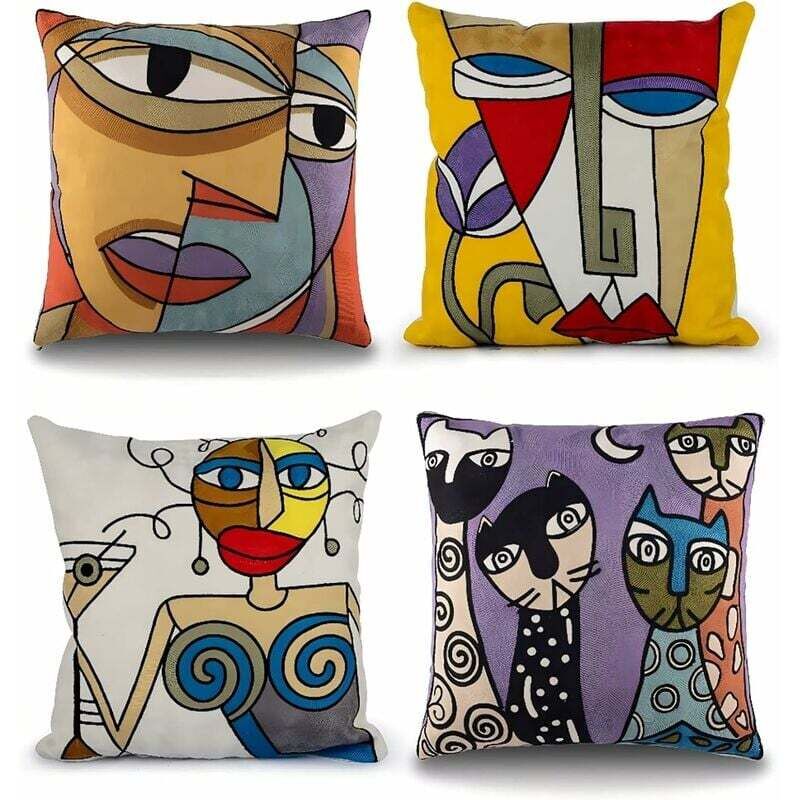 ZVD - Housses de Coussin Picasso 45x45cm - Lot de 4, Brodées, Coton Lin, Décoration Vintage