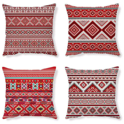 Housses De Coussin Taie D Oreiller Coussin Ethnique Taie D Oreiller Rouge Housse De Coussin Abstrait Housse Coussin Lin Coussin Geometrique Taie Oreiller 45X45 Lot De 4 Pour Canapé Chambre Maison