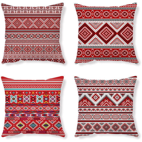 Housses De Coussin Taie D Oreiller Coussin Ethnique Taie D Oreiller Rouge Housse De Coussin Abstrait Housse Coussin Lin Coussin Geometrique Taie Oreiller 45X45 Lot De 4 Pour Canapé Chambre Maison