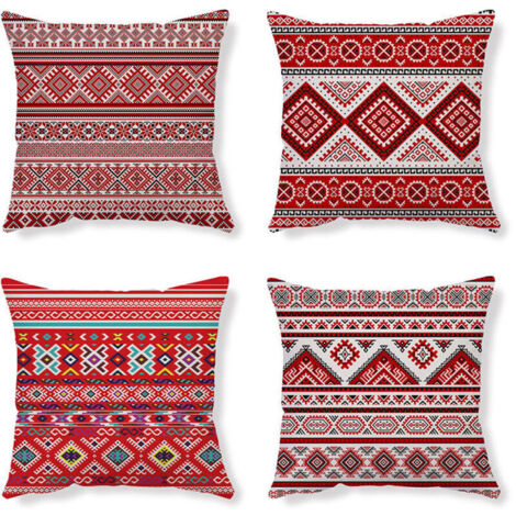 Housses De Coussin Taie D Oreiller Coussin Ethnique Taie D Oreiller Rouge Housse De Coussin Abstrait Housse Coussin Lin Coussin Geometrique Taie Oreiller 45X45 Lot De 4 Pour Canapé Chambre Maison