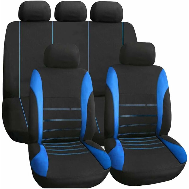 Qersta - Housses de siège Auto Universel Bleu + Le noir, Accessoires pour intérieur de Voiture, Coussin de siège Auto Style Sportif, Set Complet de 9