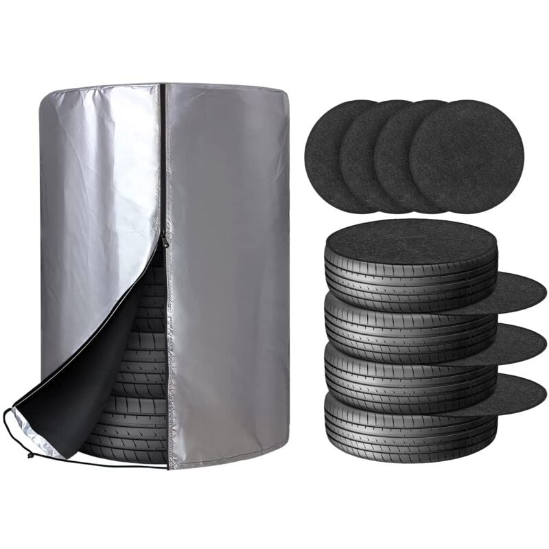 Jusch - Housses Pneus Auto, Housse Stockage pneus Peut Contenir 4 pneus, Revêtement Argenté 210D Oxford, 80 x 117cm avec 4 Tapis de Feutre