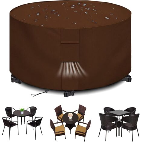 Housses pour Mobilier de Jardin Exterieur Imperméable Housse Table de Jardin Protection avec Grilles D'aération Housse Salon de Jardin 420D Rond Bache Table Anti-UV Marron (185x110cm)
