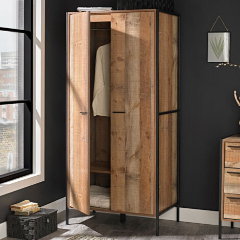 Hoxton 2 Door Wardrobe - Wood - L52 x W83.8 x H180 cm - Distressed Oak Effect
