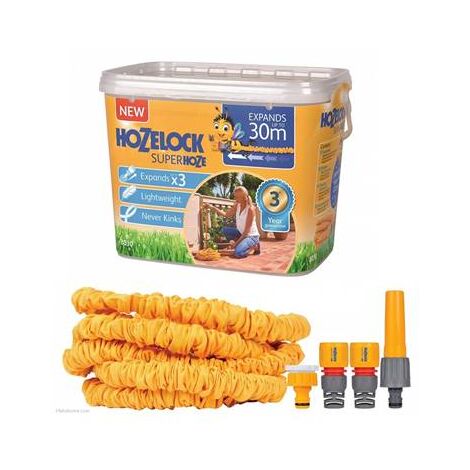 Hozelock – Tuyau d'arrosage extensible 30m – Caoutchouc naturel et tissu polyester – Anti-vrille et coudage – Raccords Aquastop inclus