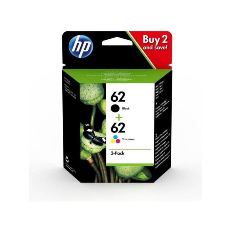 Hewlett Packard - hp 62 Pack de 2 cartouches d'encre noire et trois couleurs authentiques (N9J71AE) pour Officejet Mobile 250, Envy 5540/5640/7640