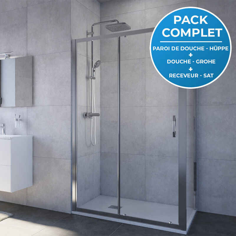 Hüppe - Pack douche complet : Porte coulissante 120cm + Paroi latérale 80cm + Colonne de douche avec mitigeur Grohe + Receveur 120x80cm