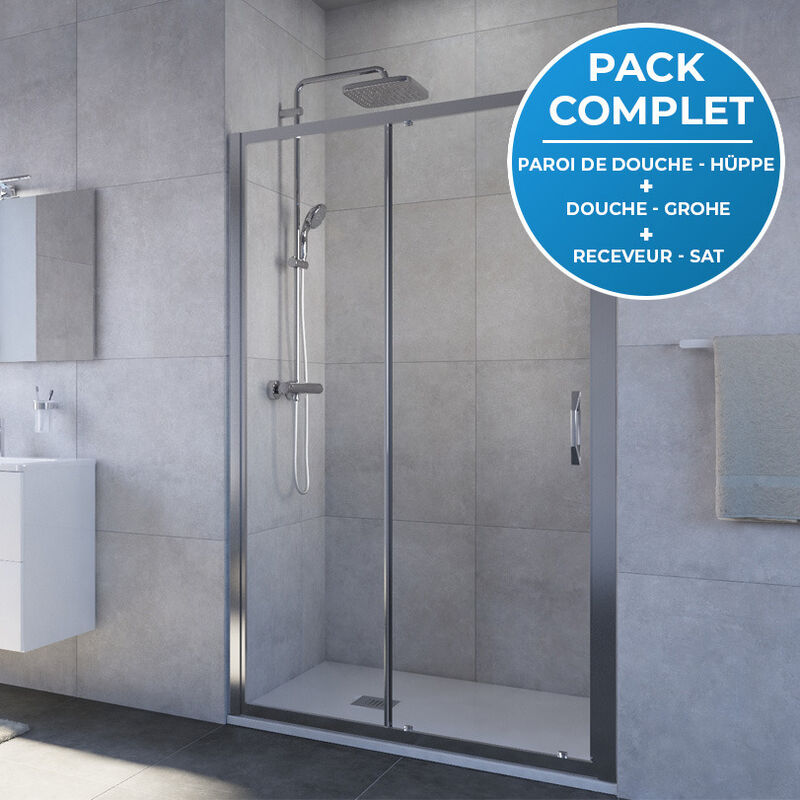 Hüppe - Pack douche : Porte coulissante 120cm + Colonne de douche avec mitigeur thermostatique Grohe + Receveur 120x80cm Blanc