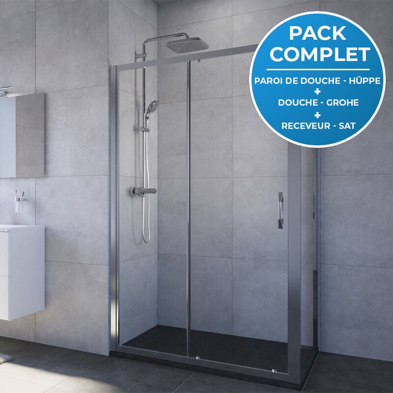 Hüppe - Pack douche : Porte coulissante 120cm + Paroi latérale 80cm + Colonne de douche avec mitigeur + Receveur 120x80cm Noir