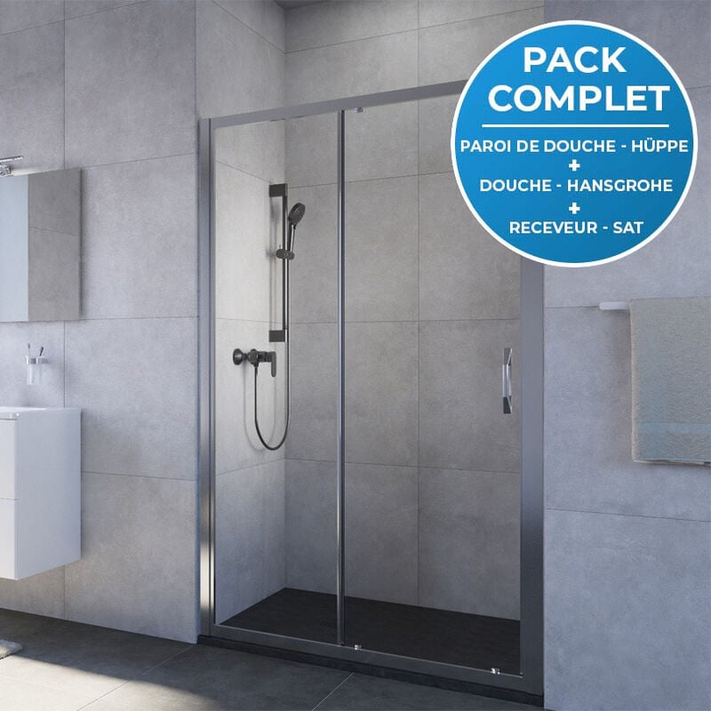 Hüppe - Pack douche : Porte coulissante 120cm + Set de douche avec mitigeur Hansgrohe + Receveur 120x80cm Noir