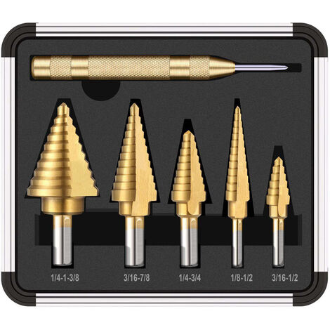 Hss 5Pcs Titanium Step Foret Forets Etages Bit Set Avec Des Bits De Perceuse En Acier A Haute Vitesse A Grande Vitesse Avec Un Boitier En Aluminium Avec Un Boitier En Aluminium A Plusieurs Fils Pour L